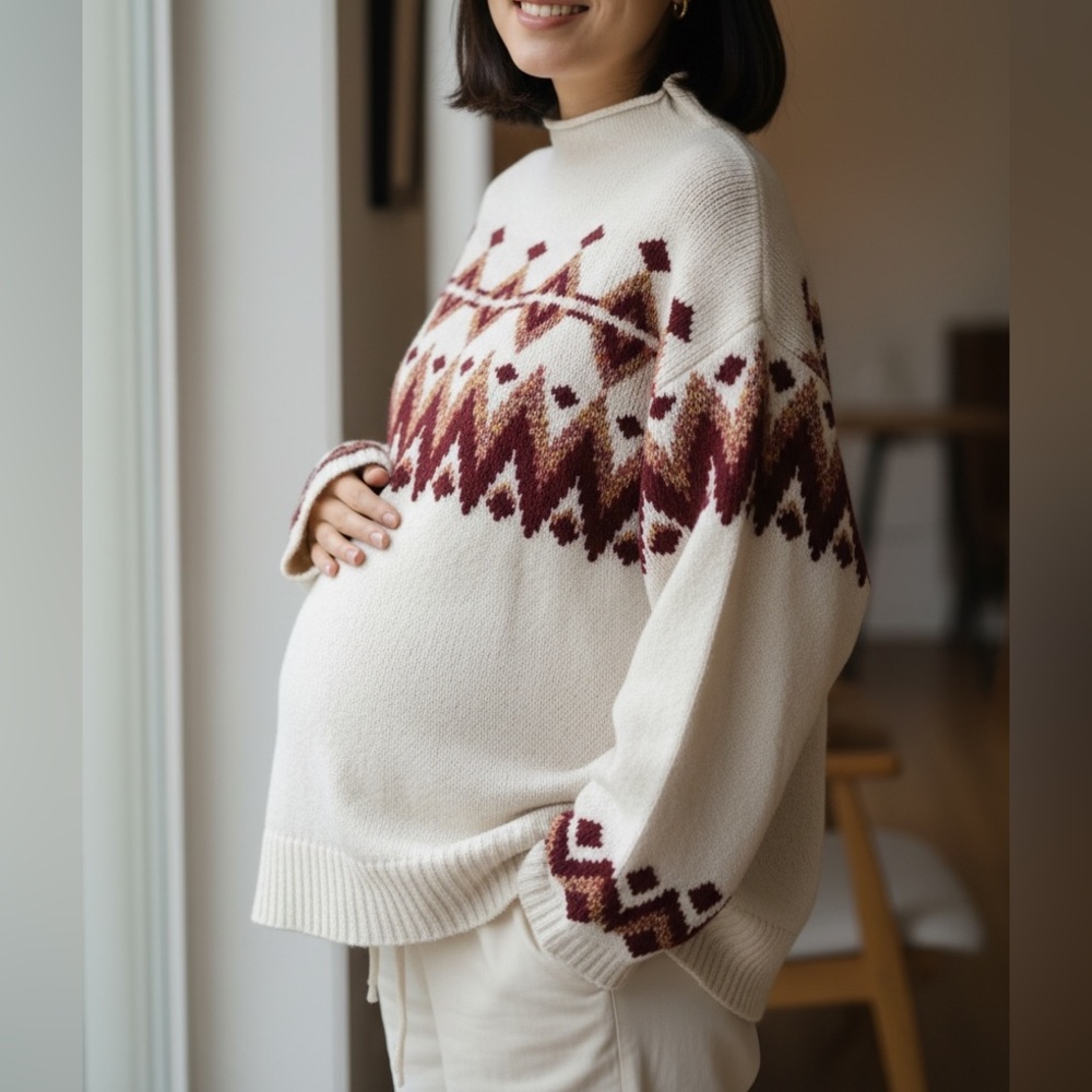 Isabel Maternity Cream and Burgundy Turtleneck Sweater